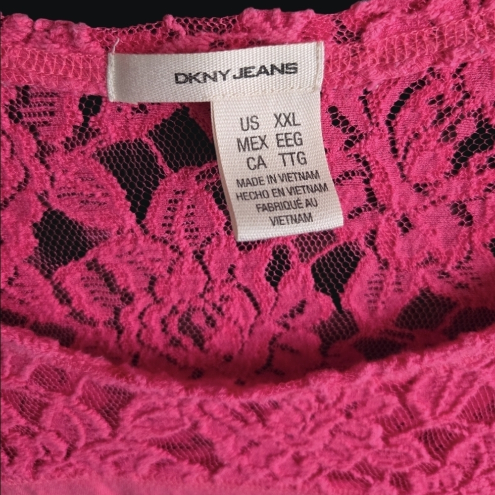 4/$15 DKNY Fuchsia Lace Short Sleeve Top Boho Tee Layer Dress Bright - Picture 5 of 6